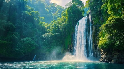 The environment: A breathtaking waterfall cascading down a rocky cliff