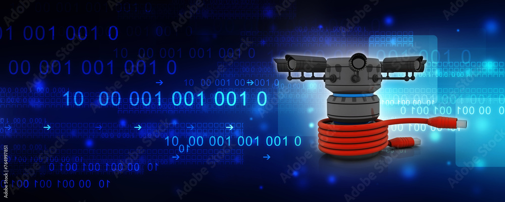 Poster 3d rendering surveillance cctv security camera connected database with usb cable