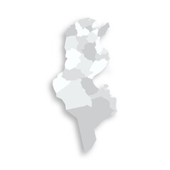 Tunisia political map of administrative divisions - governorates. Grey blank flat vector map with dropped shadow.