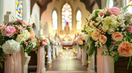 A serene and beautifully arranged wedding setup within the confines of a church. - obrazy, fototapety, plakaty