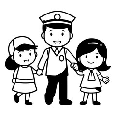 Pilot and children. Cartoon vector illustration isolated on white background.