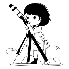 Girl using a telescope on the background of the night sky with clouds