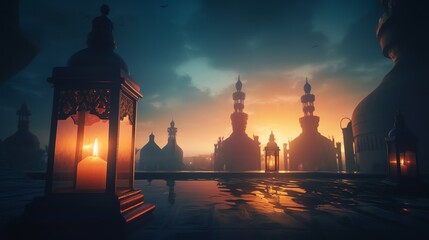 Fototapeta premium islamic lantern background Ideal for ramadhan festive, eid fitr, eid adha, islamic background , cozy, warm, holidays, invitations, and decorations, ratio 16:9px