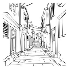 Sketch of a narrow street in Venice. Italy