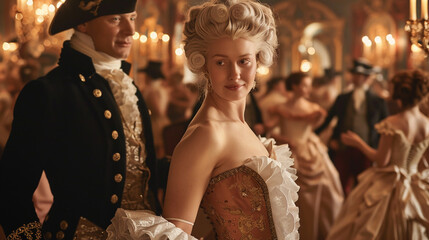 Ancient ball, couple dancing in historical costumes