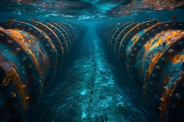 Underwater View of a Large Pipe in the Ocean - obrazy, fototapety, plakaty