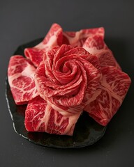 Close up of sliced marble wagyu meat in rose-shaped beef ffor shabu shabu hot pot.