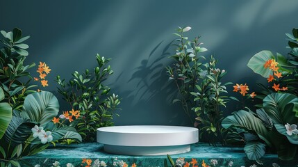 Fototapeta na wymiar Dark green forest podium surrounded by floral blossoms. 3d empty product display podium designed for presentations.