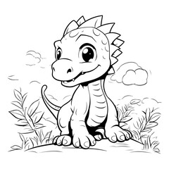 Cute cartoon dinosaur sitting on the grass for coloring book.