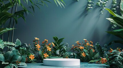 Fototapeta na wymiar Dark green forest podium surrounded by floral blossoms. 3d empty product display podium designed for presentations.