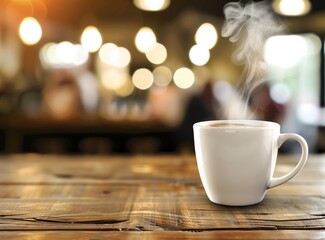 A steaming cup of coffee on a table in a cafe with a blurred background of people, focused on a white mug and steam, stock photo with space for text.