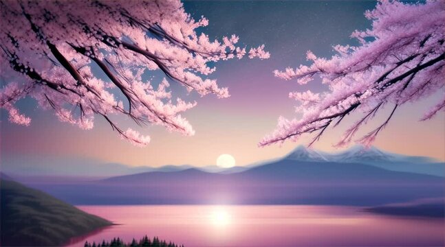 Cherry blossom trees, mountains, sunset reflected in the river is a beautiful scenery.