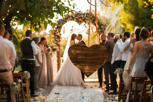 A wooden heart-shaped greeting plaque hangs in front of the wedding arch in a blurred background of the wedding ceremony. Wedding sign mockup 