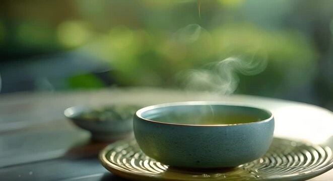 A puff of steam rising from a fresh cup of green tea