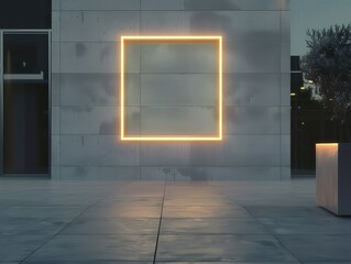 Empty neon square base on office wall for logo mockup.