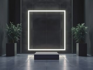 Empty neon square base on office wall for logo mockup.