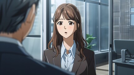 A woman apologies to a man in the office