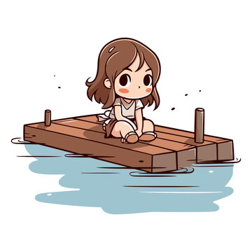 girl sitting on a wooden pontoon in the water