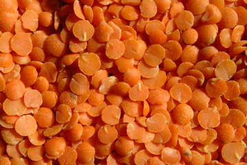 Close up red split lentils.