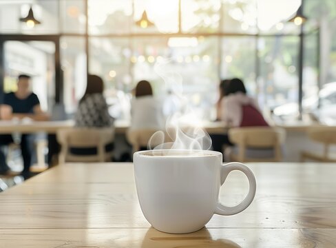 A steaming cup of coffee on a table in a cafe with a blurred background of people, focused on a white mug and steam, stock photo with space for text.