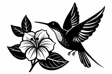 hummingbird and hibiscus, vector, simple, black and white