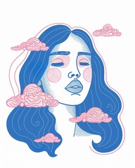 Obraz na płótnie Canvas risograph print portrait of a blue woman, with long hair, pink dots on her face and clouds around it