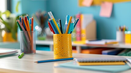 Spooky close-up: teacher's desk in classroom with assorted school supplies - educational concept...