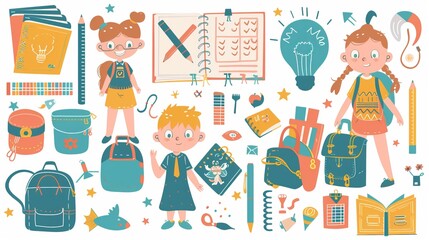 Cute happy children and school supplies: vector illustrations depicting a vibrant school atmosphere with joyful students and decorative elements