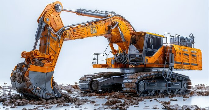 3D image of a yellow excavator shoveling dirt into a truck on a white background.
