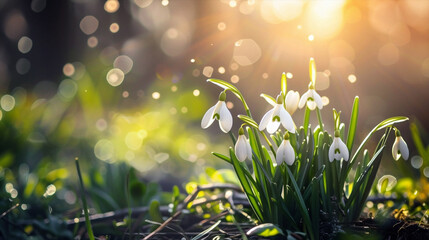 A beautiful group of snowdrops blooming in a field of fallen leaves. Perfect for nature enthusiasts and spring-themed designs. Beautiful simple AI generated image in 4K, unique.