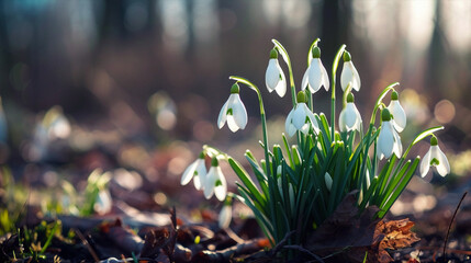 snowdrops in the forest HD 8K wallpaper Stock Photographic Image. Beautiful simple AI generated image in 4K, unique.