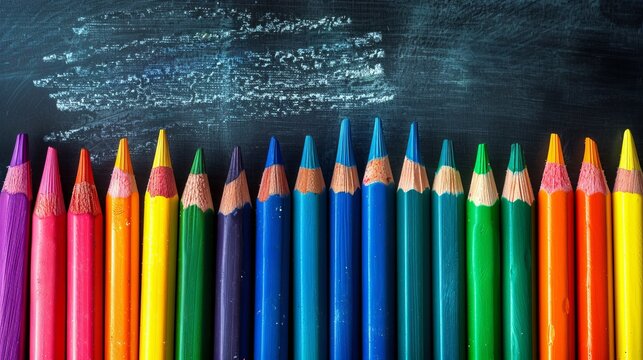 Vibrant colored pencils arranged on chalkboard background with ample copy space - creative art education concept, top view