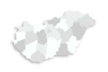 Hungary political map of administrative divisions - counties and autonomous city of Budapest. Grey blank flat vector map with dropped shadow.