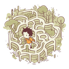 Funny maze for kids with a solution in the middle of a forest