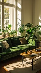 Living room interior with green sofa and coffee table with sunlight . Interior design
