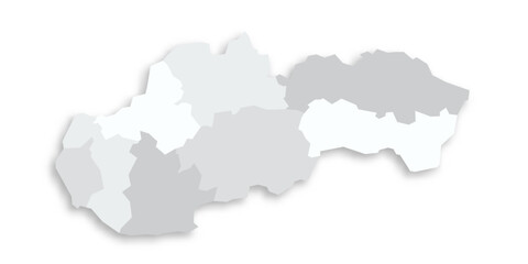 Slovakia political map of administrative divisions - regions. Grey blank flat vector map with dropped shadow.