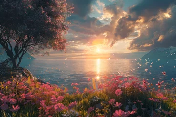 Poster Mountain lake, sea of flowers, sunset, natural scenery and beautiful scenery © nan