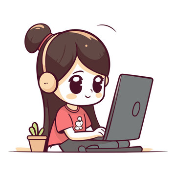 Girl using laptop computer. Cute cartoon character.