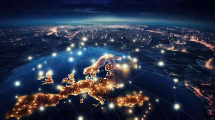 Fototapeten Global network planet Earth at night from space, city lights, elements from NASA. Network and telecommunication on earth crypto and blockchain. Big data analytics and business intelligence concept. © ribelco