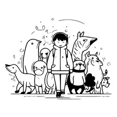 Vector illustration of a boy in a raincoat walking with dogs.