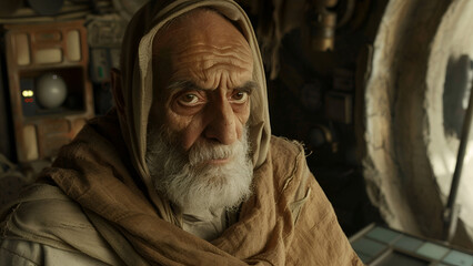 Obraz premium Old man looking front, elder, bokeh and cinematic shot, serious expression, white beard, is in their 60s