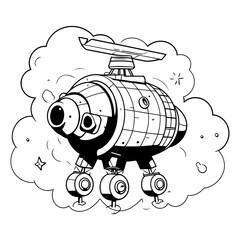 Robot flying in the clouds. Black and white vector illustration.