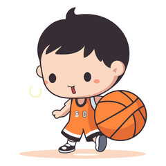 Cute Boy Playing Basketball Vector Illustration. Cartoon Character Design.