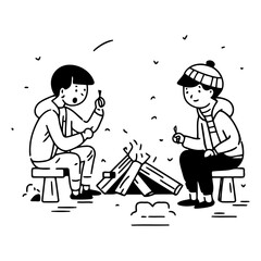 Vector illustration of man and woman sitting by bonfire in winter clothes
