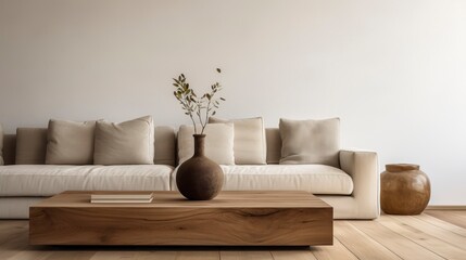 Minimal living room with wooden coffee table near sofa close-up. Interior design
