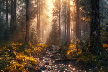 Sunlight penetrates forest stream - obrazy, fototapety, plakaty