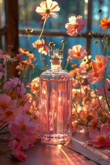 A bottle with flowers in minimalist background,