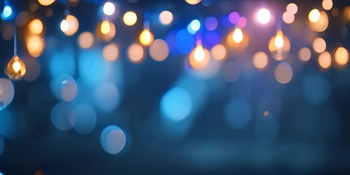 holiday illumination and decoration concept - christmas garland bokeh lights over dark blue background 4K Video