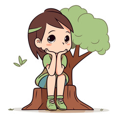 Cute little girl sitting on a tree stump.