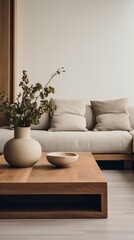 Fototapeta na wymiar Minimal living room with wooden coffee table near sofa close-up. Interior design 